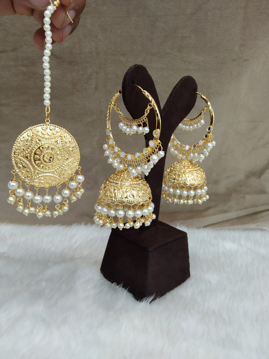 Indian Earrings Jhumka Jadau gold balli jhumka Earrings Tikka /Indian Jhumka Tikka simi Set