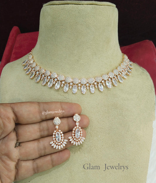 American Diamond necklace earrings set, rose gold  bollywood ava bridal necklace earrings jewellery statement necklace set