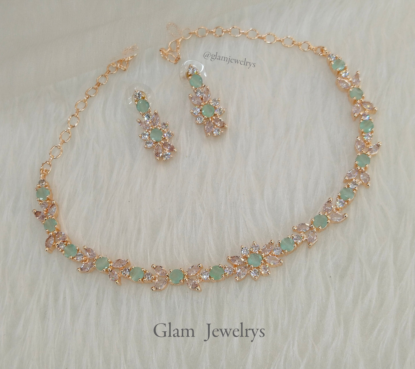 American Diamond necklace set, rose sea green bridal necklace earrings necklace set CZ frisco necklace set