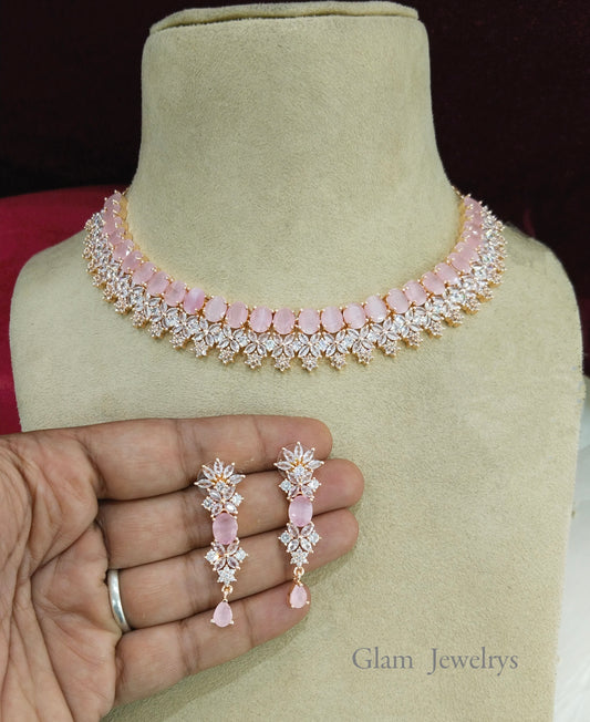American Diamond Necklace set, rose pink bridal necklace set CZ vallejo necklace Jewellery set
