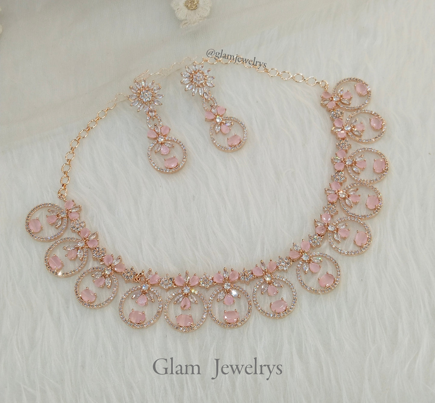 Cubic zirconia diamond necklace earrings set, rose gold pink bridal earrings jewellery sanam necklace set