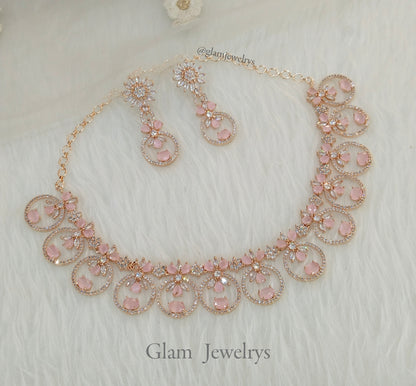 Cubic zirconia diamond necklace earrings set, rose gold pink bridal earrings jewellery sanam necklace set