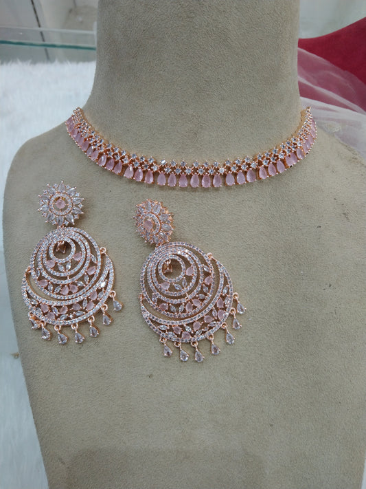 Cubic Zirconia Diamond necklace Earrings set, rose gold pink Bridal Ranjha necklace earrings jewellery statement necklace set CZ necklace