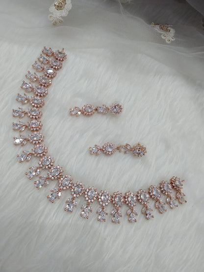 Cubic zirconia diamond necklace set, rose gold bridal necklace set CZ tenmodi necklace set