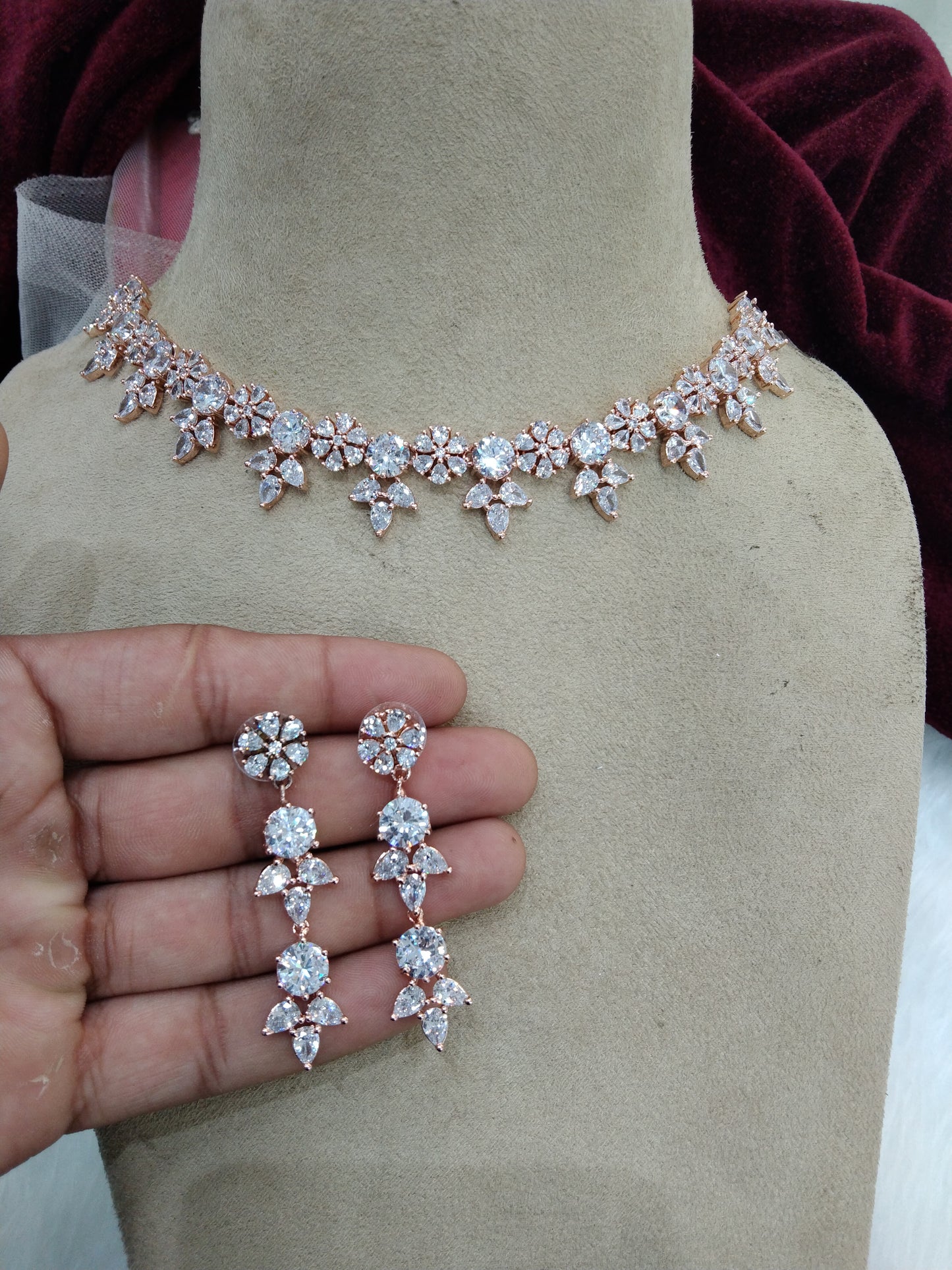 American Diamond necklace Jewellery set, rose gold bridal necklace set CZ tenmodi necklace set
