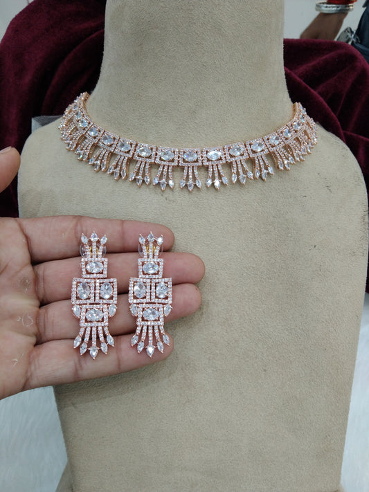 Cubic zirconia diamond necklace set, rose gold bridal necklace set CZ tenmodi necklace set