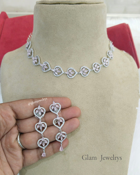 American diamond Necklace Jewellery set, silver pink necklace set CZ namo necklace set