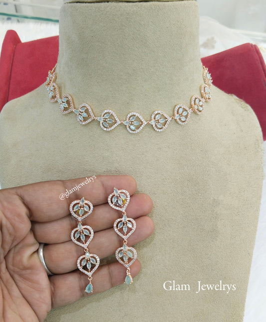 Cubic zirconia diamond Necklace Jewellery set, rose sea green necklace set CZ namo necklace set