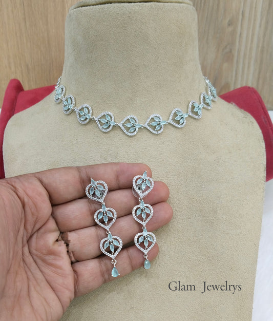American  diamond Necklace Jewellery set, silver sea green necklace set CZ namo necklace set