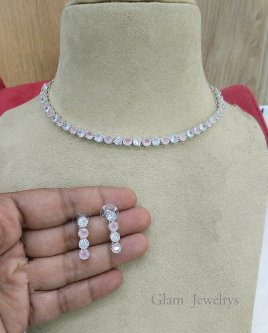 American  diamond Necklace Jewellery  set, silver pink necklace set CZ dans necklace set