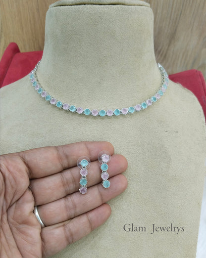 American Diamond Necklace Jewellery set, silver seagreen pink necklace set CZ dans necklace set