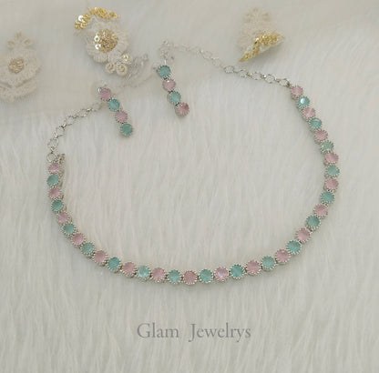 American Diamond Necklace Jewellery set, silver seagreen pink necklace set CZ dans necklace set