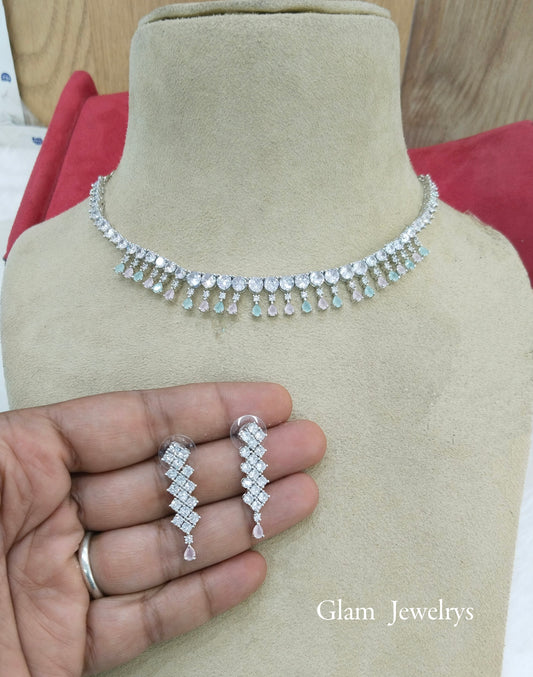 Cubic zirconia diamond Necklace set, silver seagreen pink necklace set CZ fresno necklace set