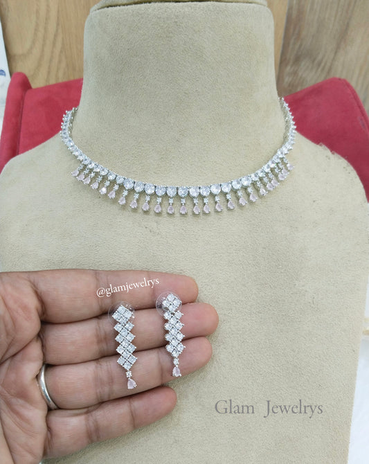 Copy of Cubic zirconia diamond necklace set, silver pink necklace set CZ fresno necklace set