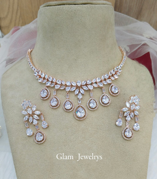 Cubic zirconia diamond necklace set, Rose gold necklace set CZ linkin necklace set