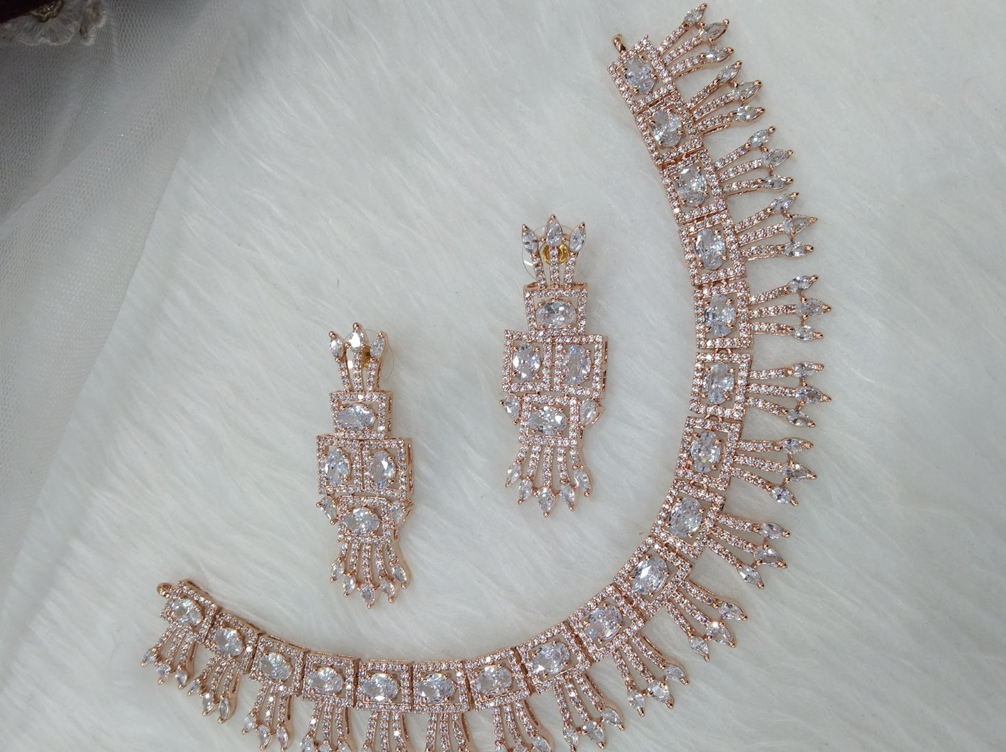 Cubic zirconia diamond necklace set, rose gold bridal necklace set CZ tenmodi necklace set