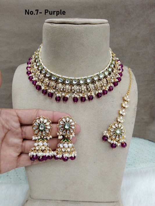 Indian jewellery/ Gold purple semi bridal kundan choker necklace set Indian hichi Wedding Jewellery
