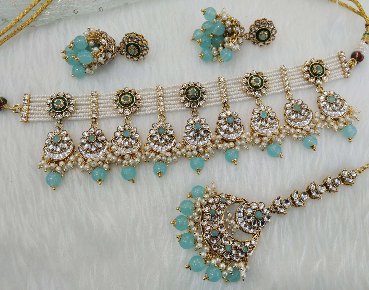 Indian  jewellery Gold sky blue kundan choker set/ kundan choker kundan hiska set