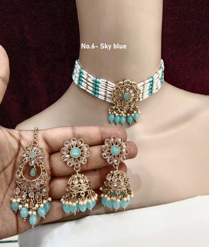 Antique gold choker Set/ sky blue choker Indian simi Jewellry