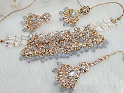 Rose gold choker kundan necklace Set/ Rose grey Indian choker hema Jewellry