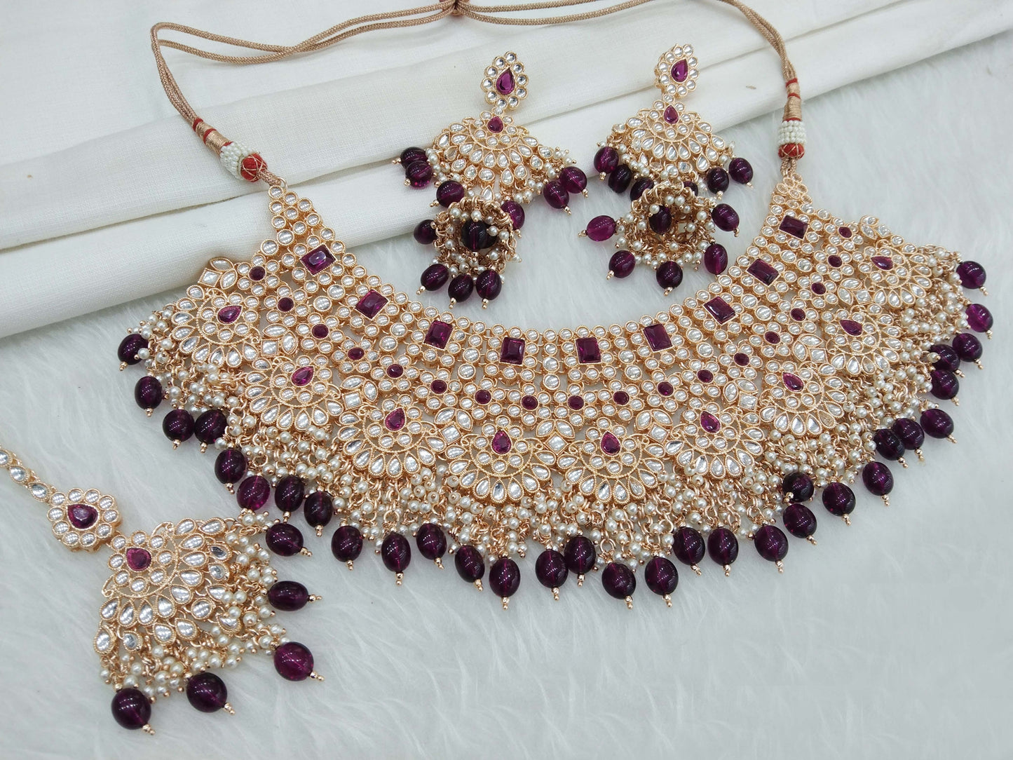 Rose gold kundan necklace Set/ Rose gold Purple Indian kundan raha sets