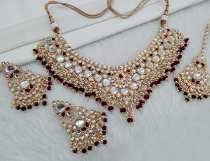 Rose gold kundan necklace Set/ Rose gold maroon white Indian kundan raha sets
