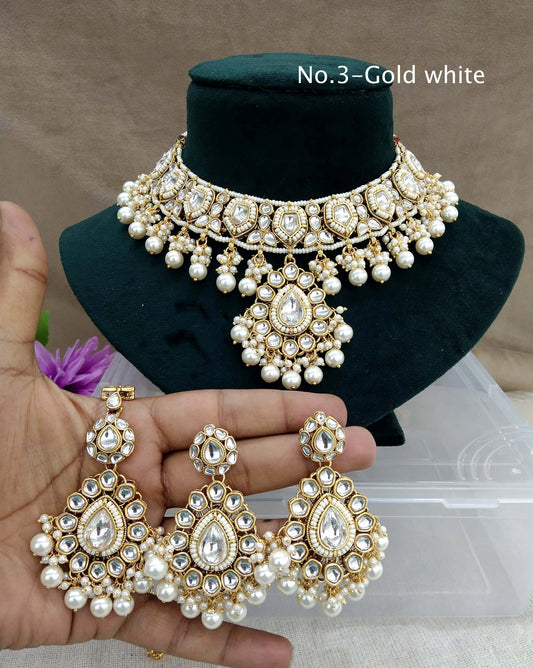 Ivory Gold Kundan necklace Set/ Gold white kundan Indian jewelry kundan middle sets