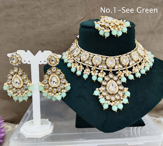 Gold Kundan Necklace Jewellery Set/ Gold seagreen kundan Indian jewellery kundan middle sets