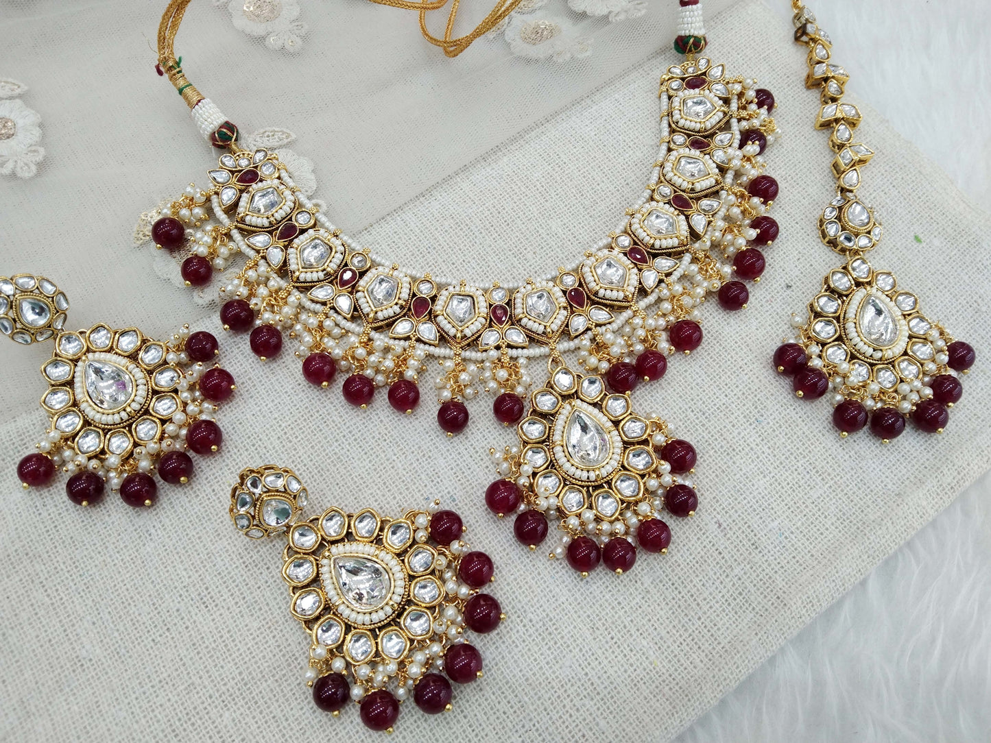 Kundan Necklace Jewellery Set/ Gold Mehroon kundan Indian jewellery kundan middle sets
