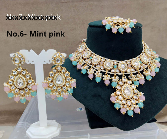 Gold Kundan necklace Set/ Gold mint pink kundan Indian jewelry kundan middle sets