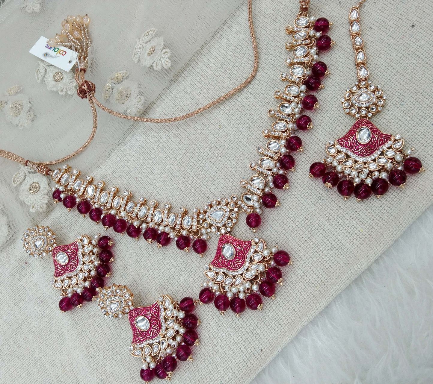 Indian  Jewellery Rose gold Kundan majenta necklace most set