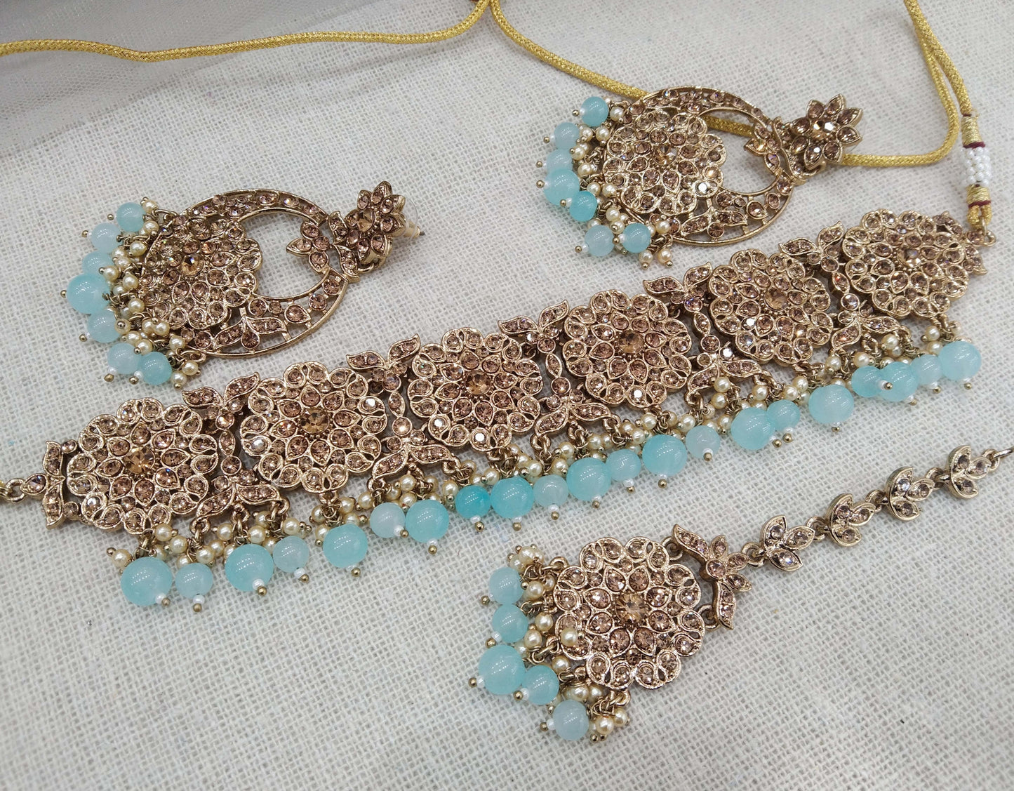 Antique Gold Jewellery Choker Set /Antique sea green finish Jewellery foji set