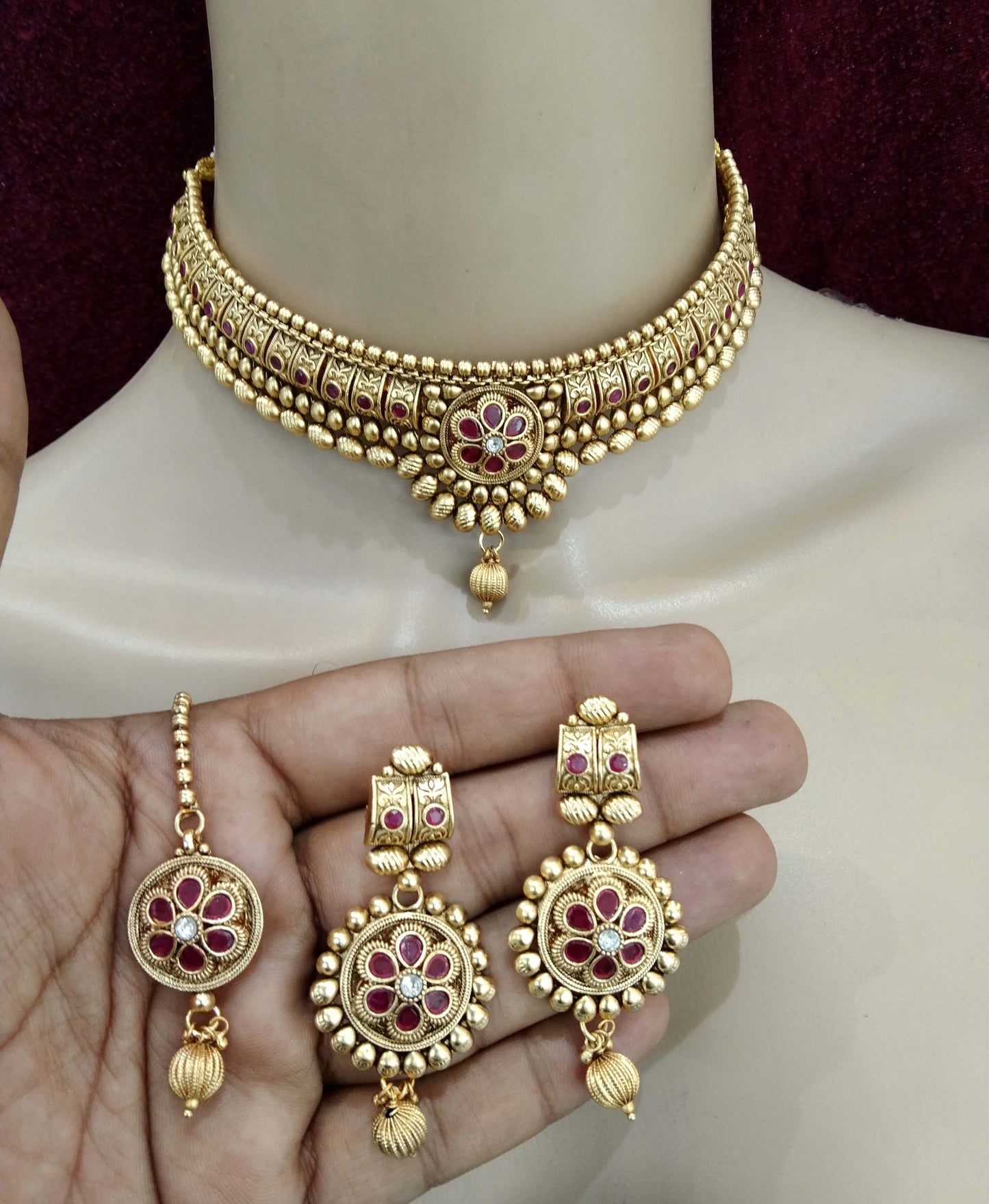 Choker Set Polki indian  Jewellery choker Set/ Bollywood Style Gold Finish South Indian beams bridal Jewellery