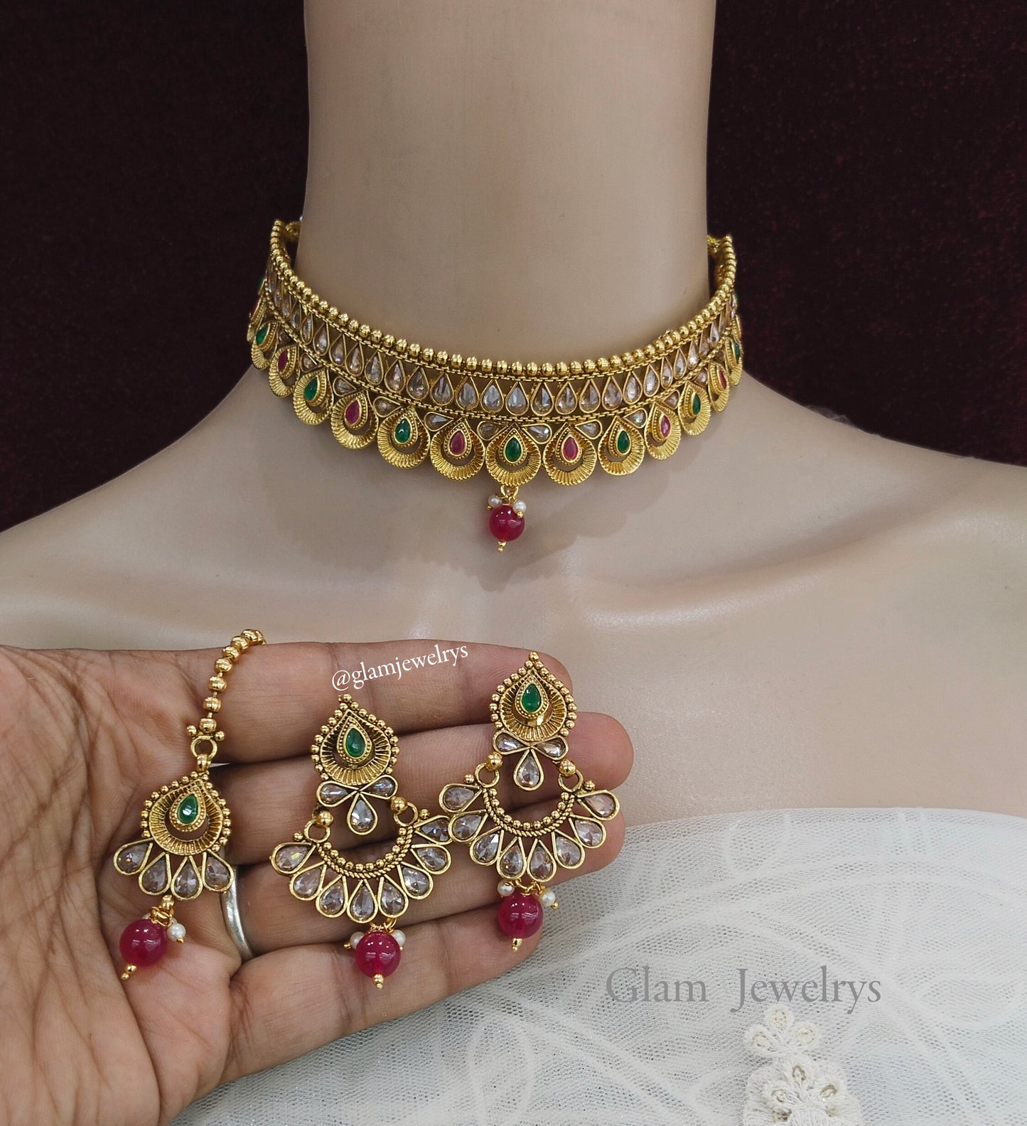 Choker Set Polki indian  Jewellery choker Set/ Bollywood Style Gold Finish South Indian beams bridal Jewellery
