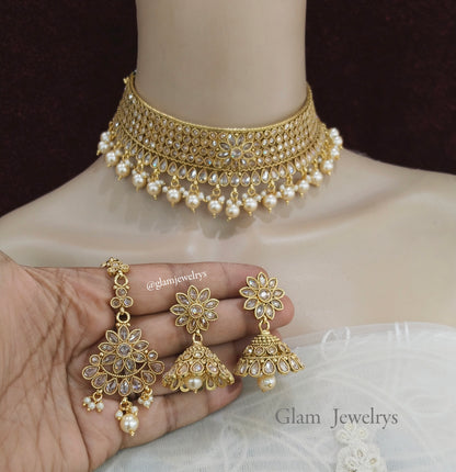 Choker Set Polki indian Jewellery choker Set/ Bollywood Style Gold Finish South Indian beams bridal Jewellerry