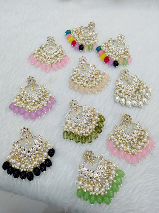 Indian Kundan Earrings Jewellery/ Gold  multicolor, Pastel green, pink, Mehndi, dark blue, Purple, Peach lavender learn Earrings Set