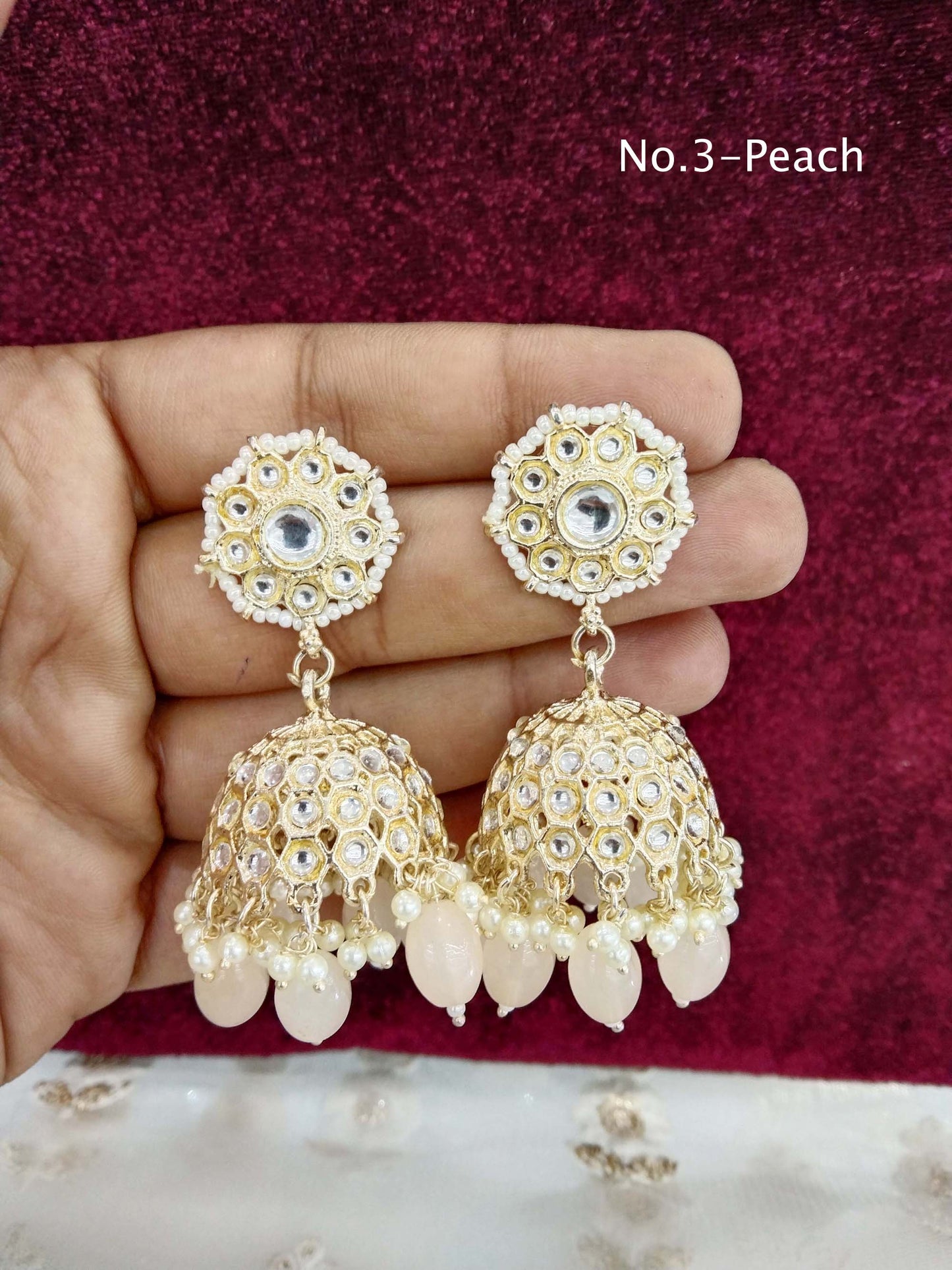 Online Indian Kundan jhumka Earrings Jewellery/ Gold  Peach, lavender, sky blue, pink jhumka Earrings how Set