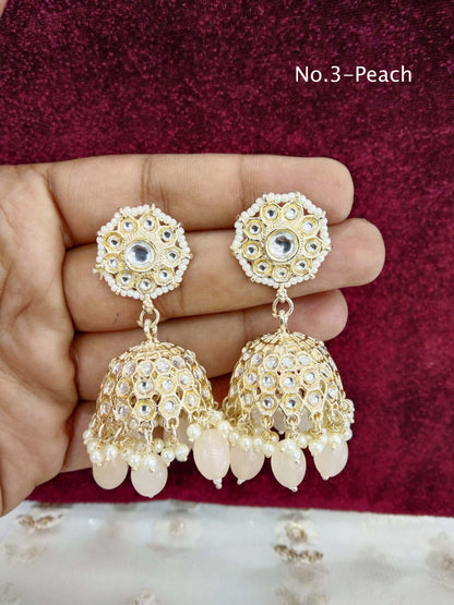 Online Indian Kundan jhumka Earrings Jewellery/ Gold  Peach, lavender, sky blue, pink jhumka Earrings how Set