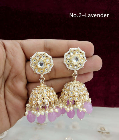 Online Indian Kundan jhumka Earrings Jewellery/ Gold  Peach, lavender, sky blue, pink jhumka Earrings how Set