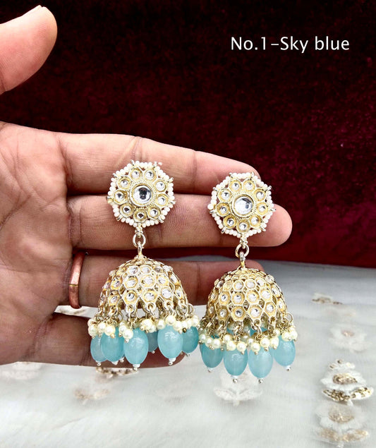 Online Indian Kundan jhumka Earrings Jewellery/ Gold  Peach, lavender, sky blue, pink jhumka Earrings how Set