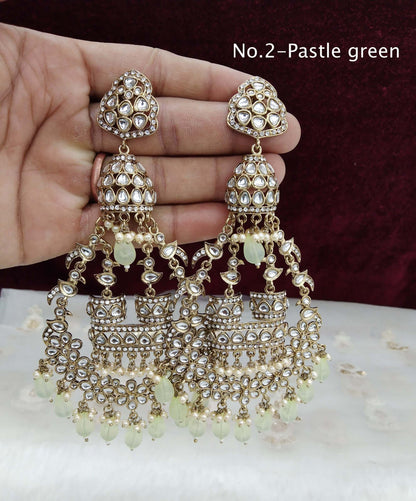 Indian Kundan chand balli long Earrings Jewellery/ Gold white, pink, pastel green, green  Earrings  staffSet