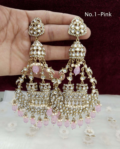 Indian Kundan chand balli long Earrings Jewellery/ Gold white, pink, pastel green, green  Earrings  staffSet