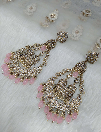 Indian Kundan chand balli long Earrings Jewellery/ Gold white, pink, pastel green, green  Earrings  staffSet