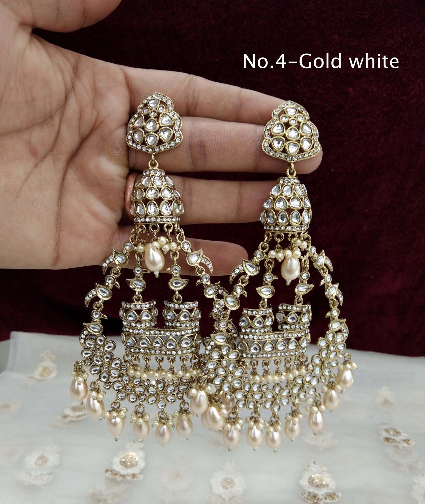 Indian Kundan chand balli long Earrings Jewellery/ Gold white, pink, pastel green, green  Earrings  staffSet