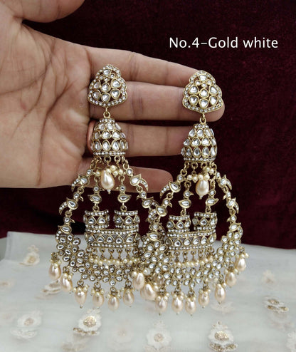 Indian Kundan chand balli long Earrings Jewellery/ Gold white, pink, pastel green, green  Earrings  staffSet