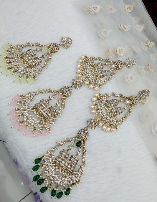 Indian Kundan chand balli long Earrings Jewellery/ Gold white, pink, pastel green, green  Earrings  staffSet