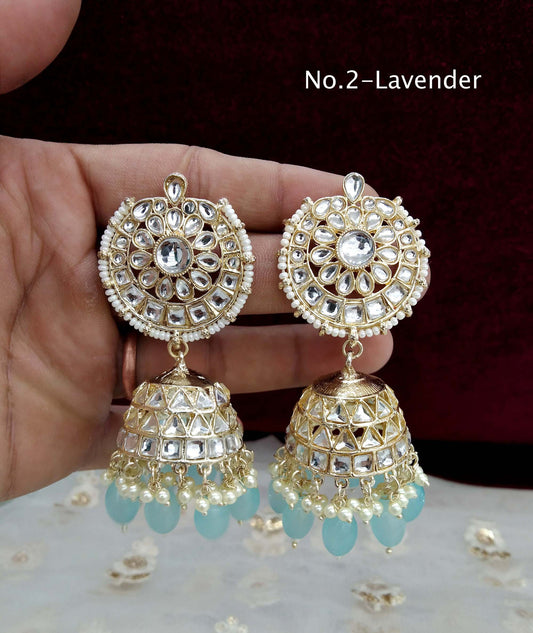 Online Indian Kundan jhumka Earrings Jewellery/ Gold white, Multicolor, Ruby, Lavender jhumka Earrings  page Set