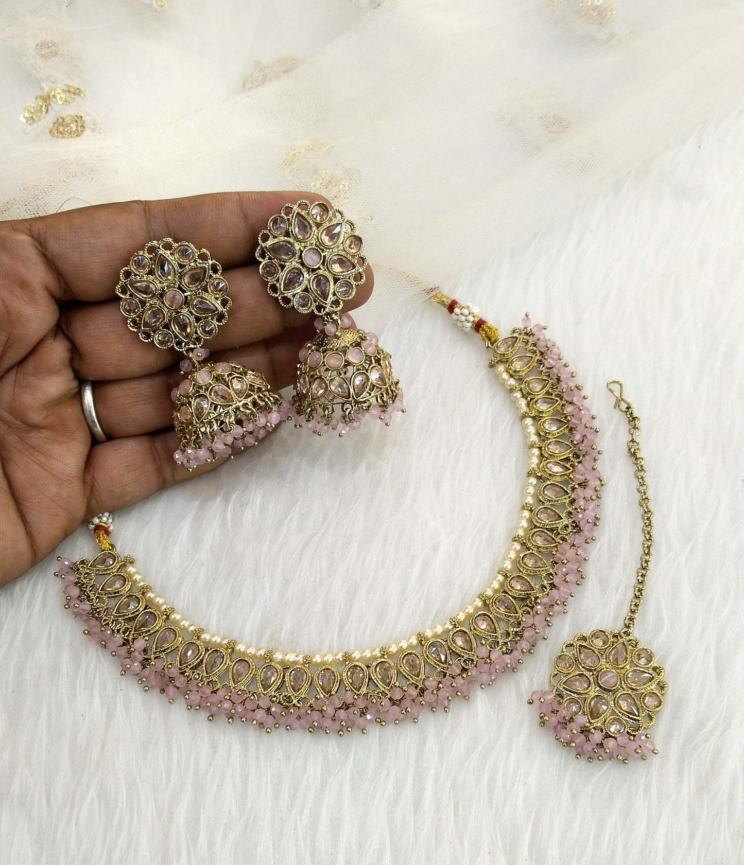 Antique Gold Wedding Necklace Jewellery Set/ dark gold pink Indian Bridal Wedding arts Jewellery