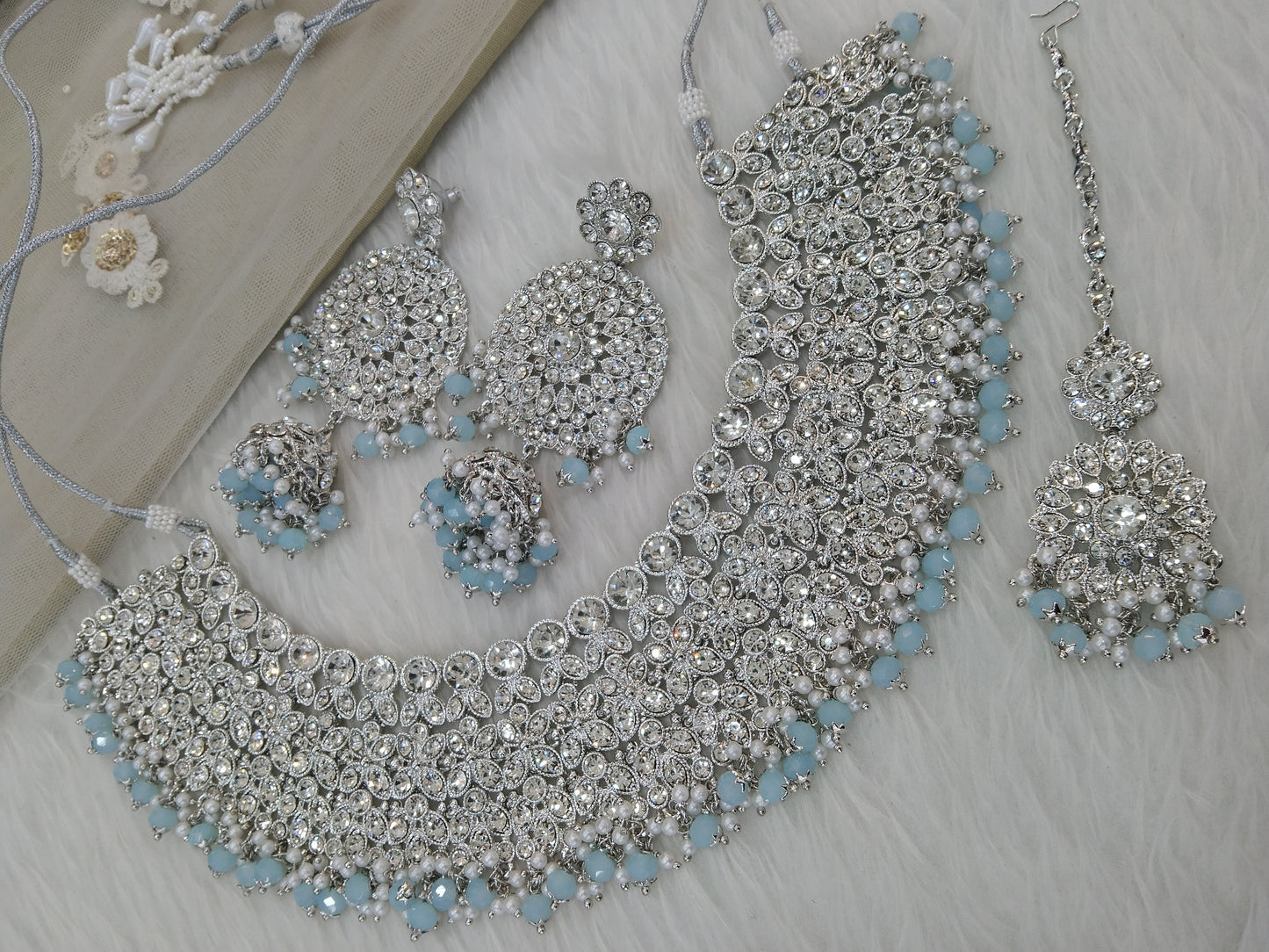 Indian  Jewellery/Semi bridal silver sky blue bollywood bride jewellery ventura necklace set