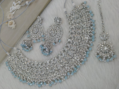 Indian  Jewellery/Semi bridal silver sky blue bollywood bride jewellery ventura necklace set